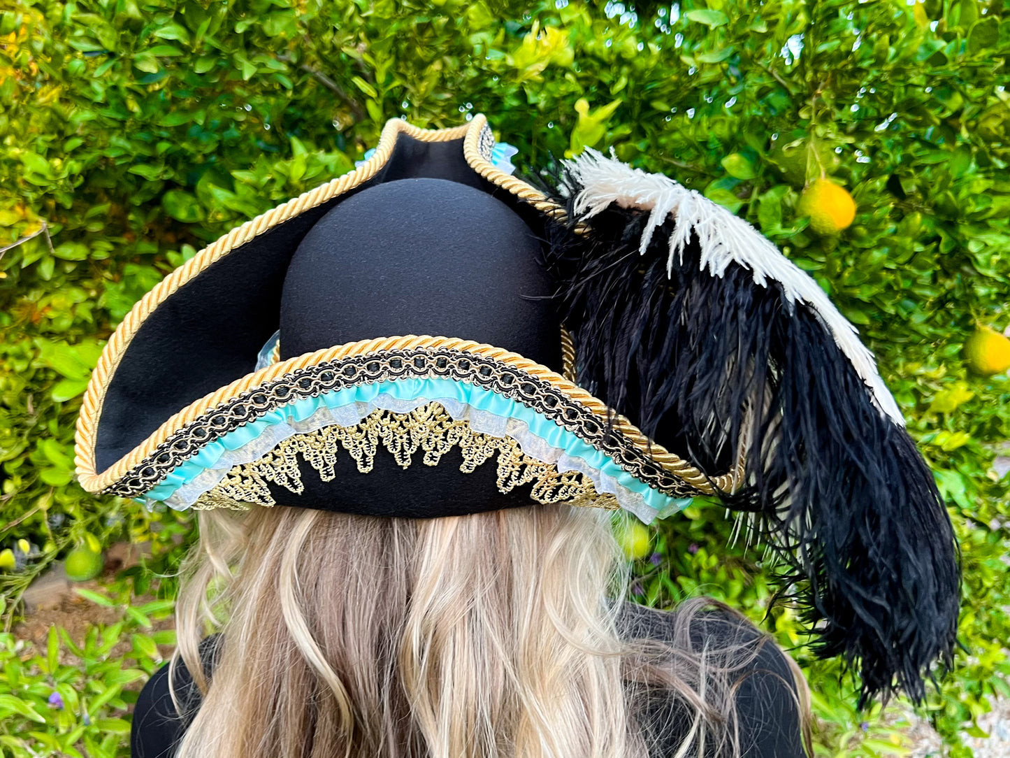 Tricorn Hat 22" Black Polyester Base with Gold Trim, Feathers, and Turquoise Brooch