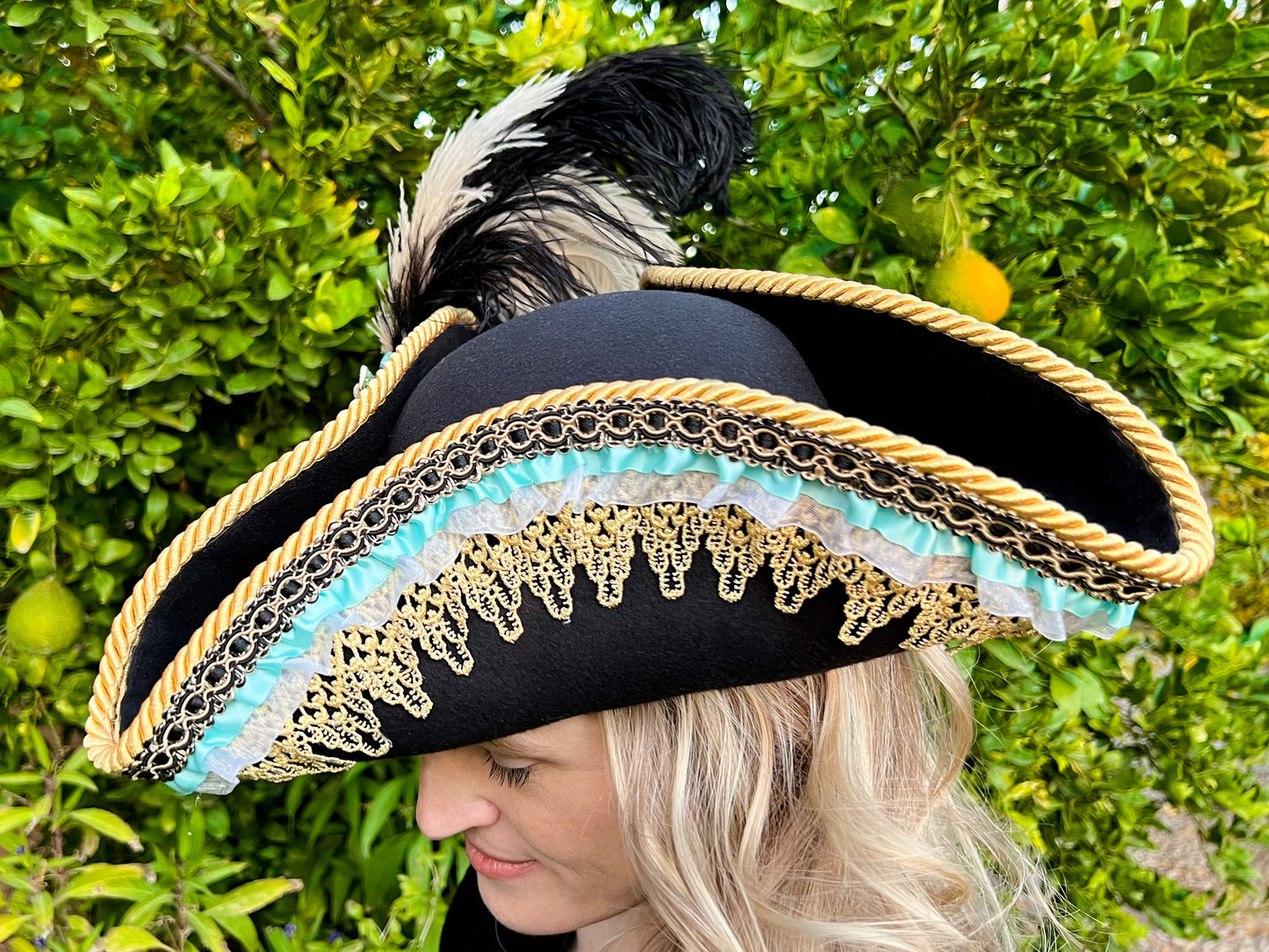 Tricorn Hat 22" Black Polyester Base with Gold Trim, Feathers, and Turquoise Brooch