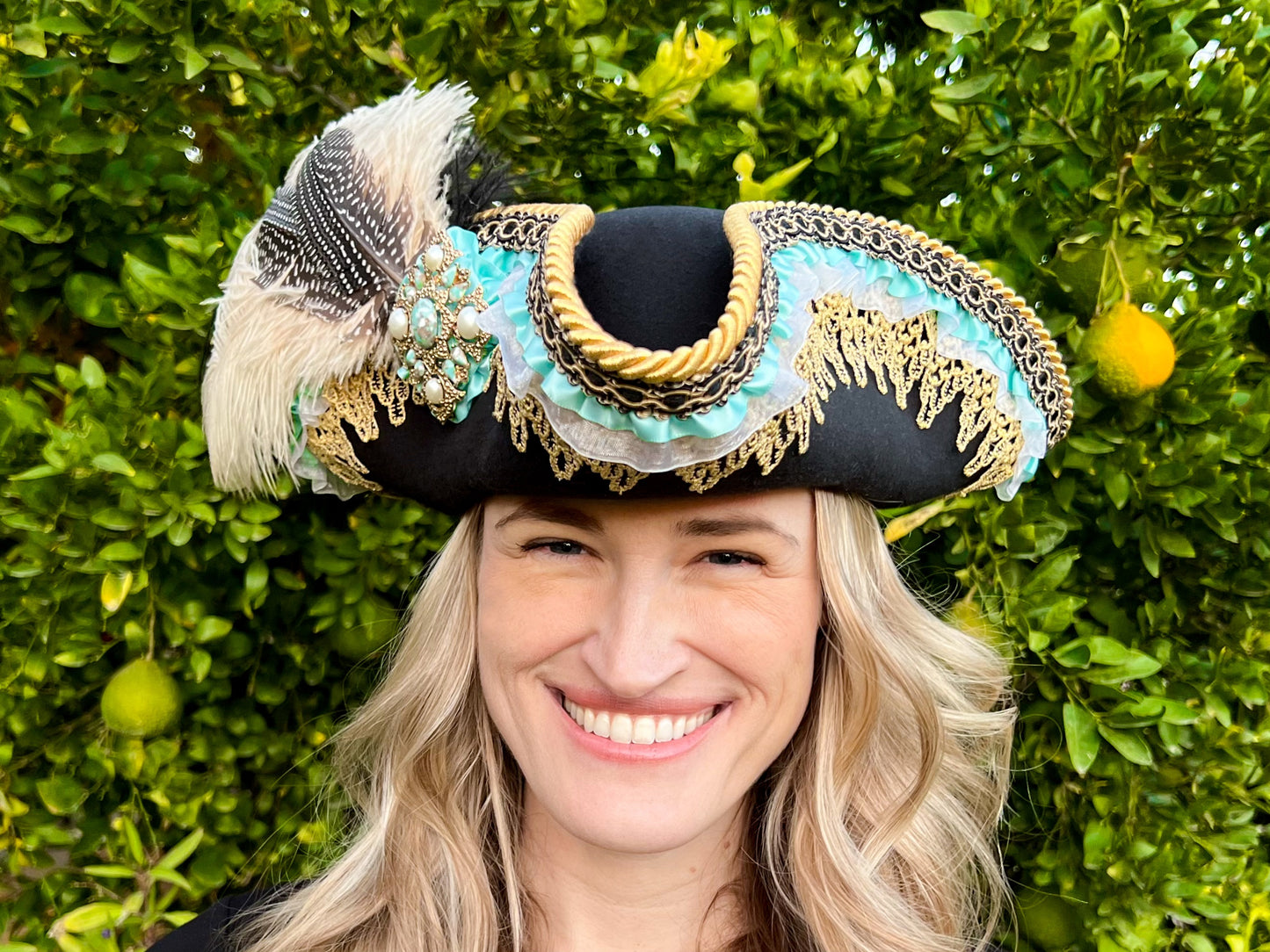 Tricorn Hat 22" Black Polyester Base with Gold Trim, Feathers, and Turquoise Brooch