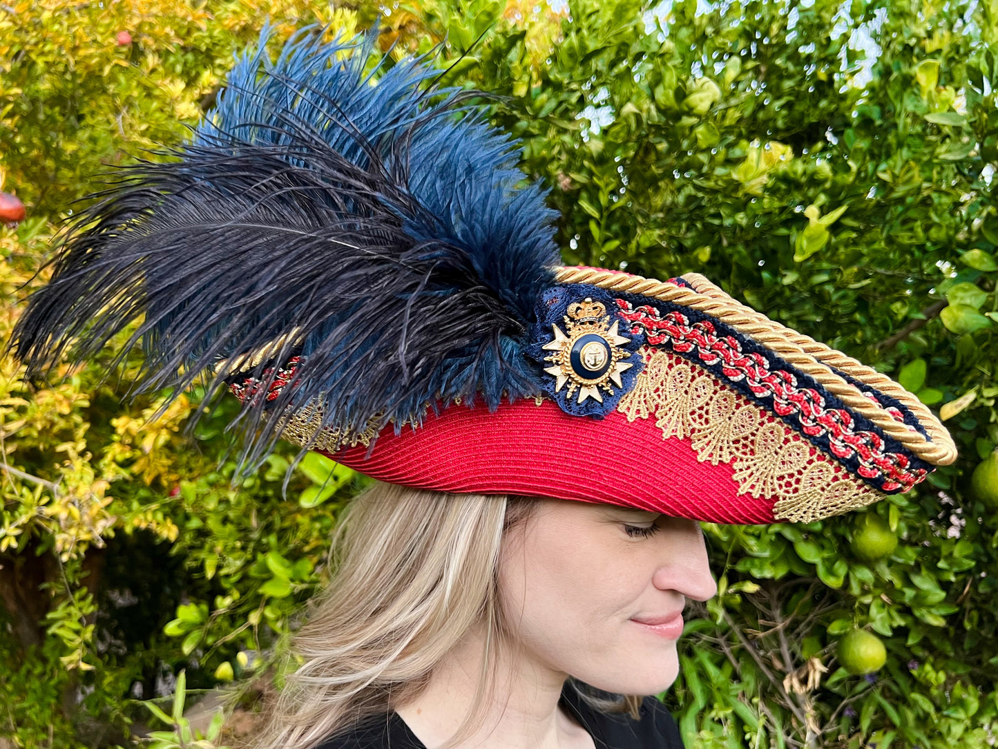 Tricorn Hat 21.75" Coral Straw Base with Gold/Navy Trim, Feathers, and Military Brooch