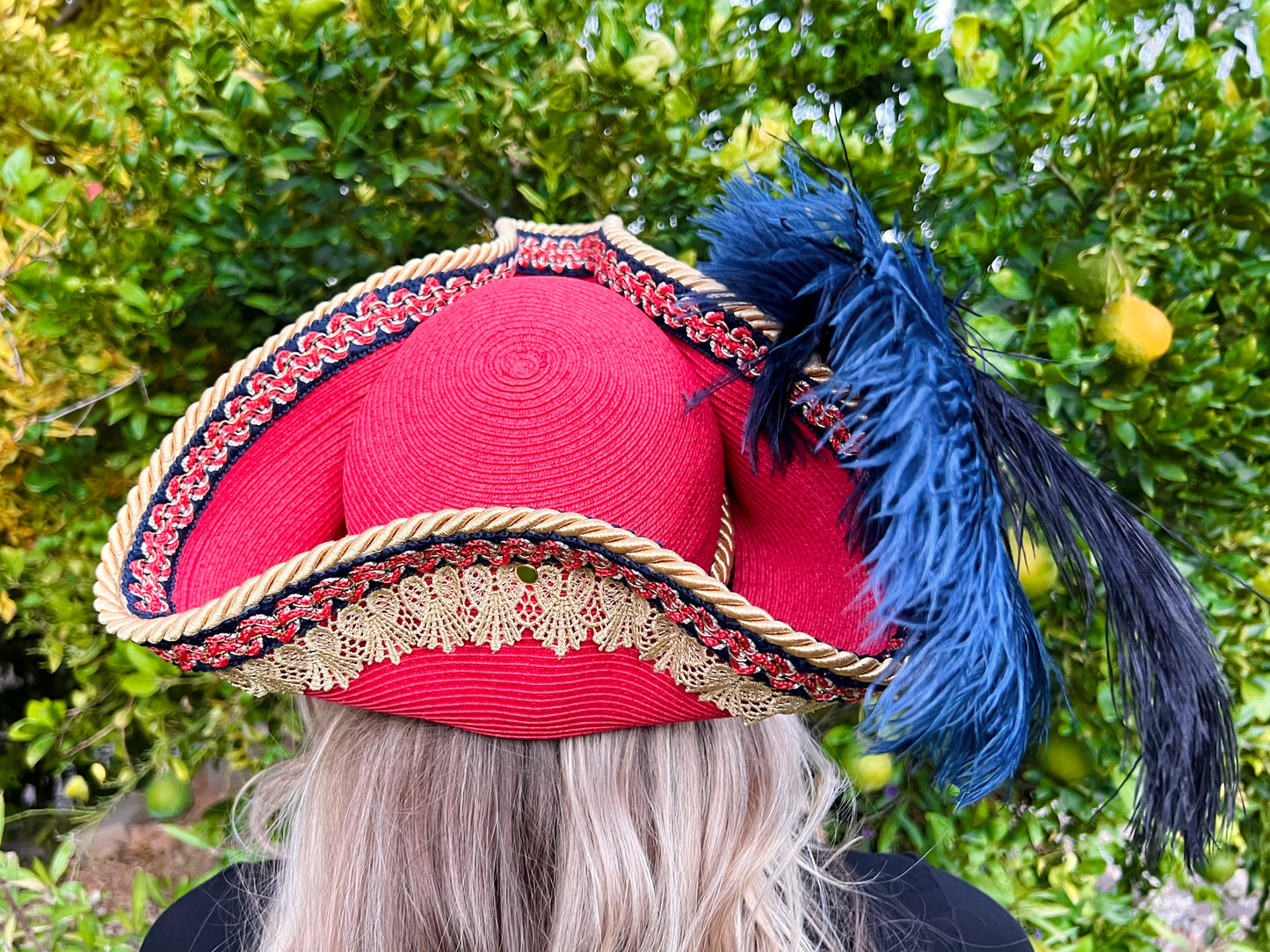 Tricorn Hat 21.75" Coral Straw Base with Gold/Navy Trim, Feathers, and Military Brooch