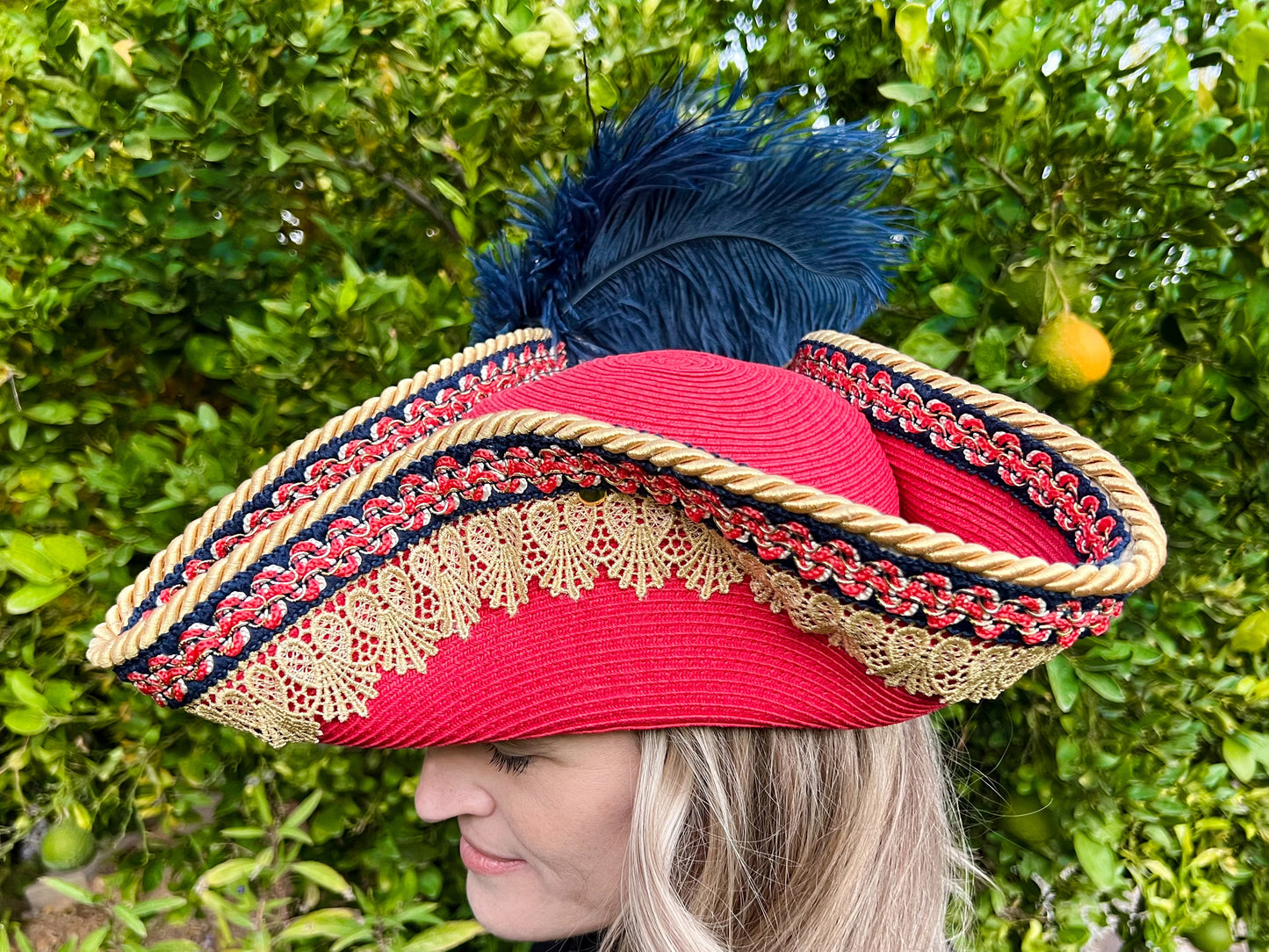 Tricorn Hat 21.75" Coral Straw Base with Gold/Navy Trim, Feathers, and Military Brooch