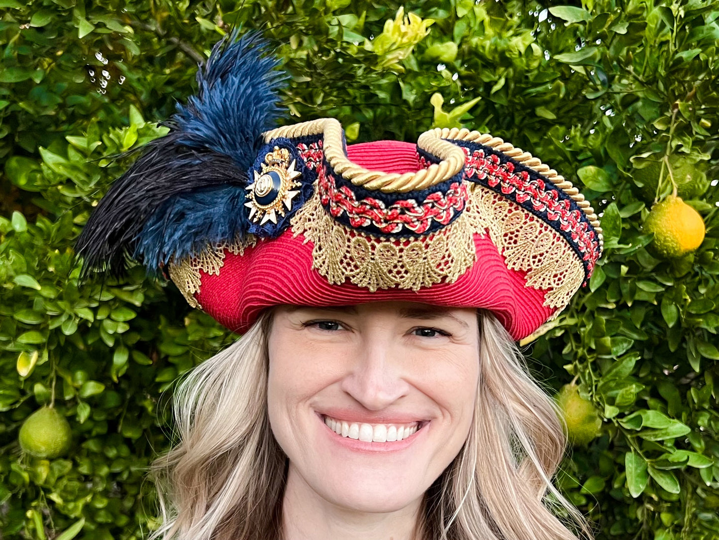 Tricorn Hat 21.75" Coral Straw Base with Gold/Navy Trim, Feathers, and Military Brooch