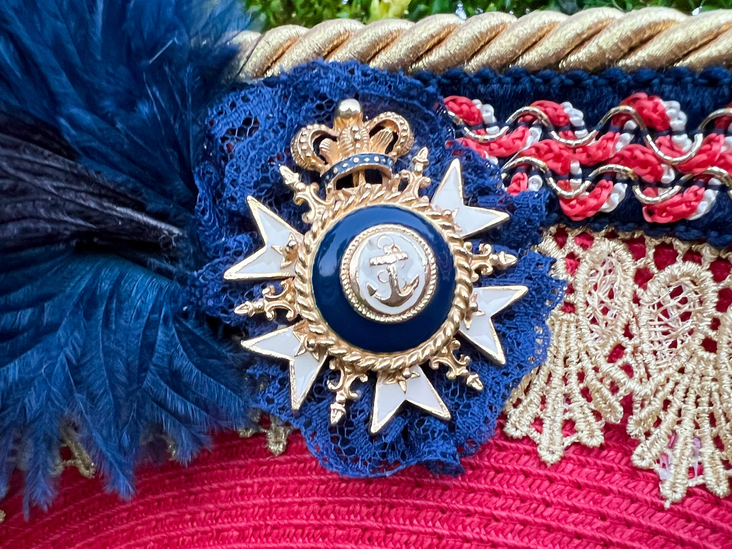 Tricorn Hat 21.75" Coral Straw Base with Gold/Navy Trim, Feathers, and Military Brooch