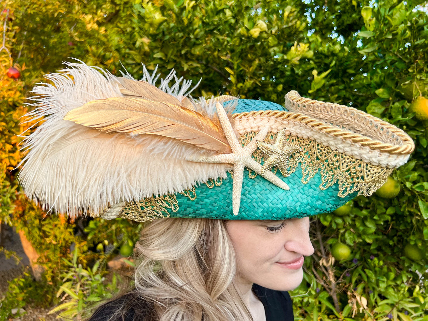 Tricorn Hat 22" Turquoise Straw Base with Gold Trim, Feathers, and Starfish Brooch