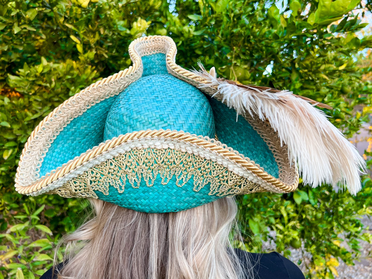 Tricorn Hat 22" Turquoise Straw Base with Gold Trim, Feathers, and Starfish Brooch