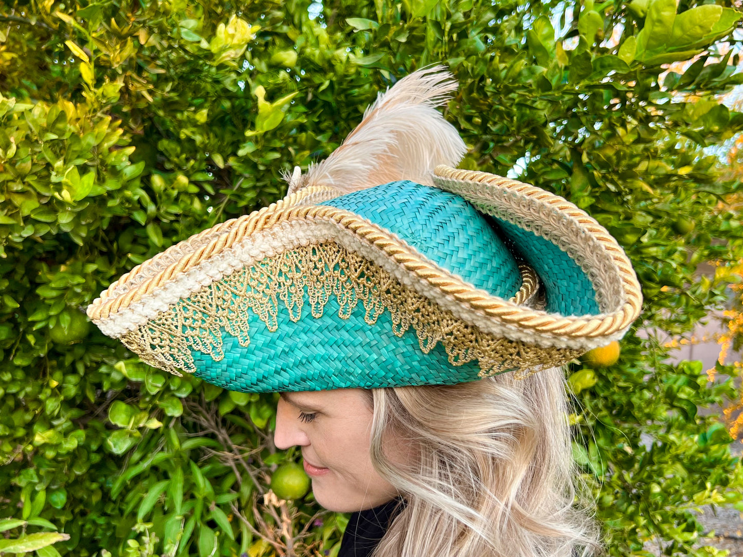 Tricorn Hat 22" Turquoise Straw Base with Gold Trim, Feathers, and Starfish Brooch