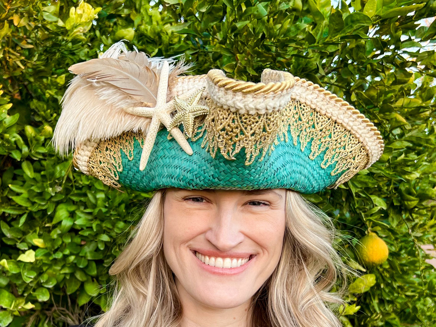 Tricorn Hat 22" Turquoise Straw Base with Gold Trim, Feathers, and Starfish Brooch