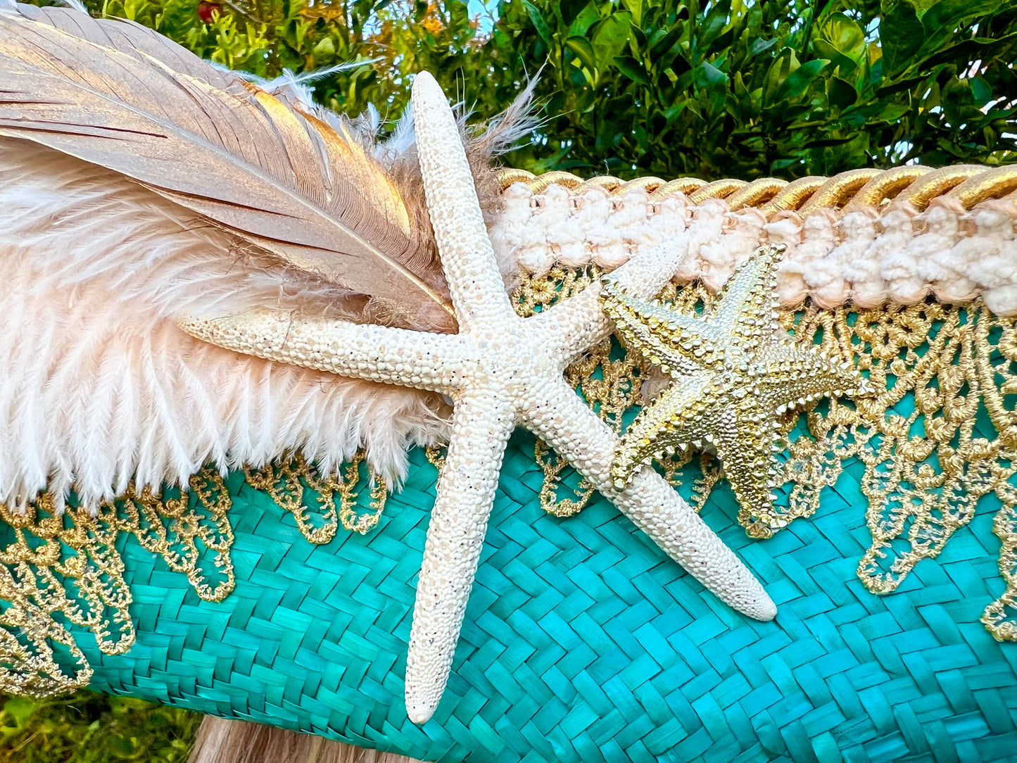 Tricorn Hat 22" Turquoise Straw Base with Gold Trim, Feathers, and Starfish Brooch