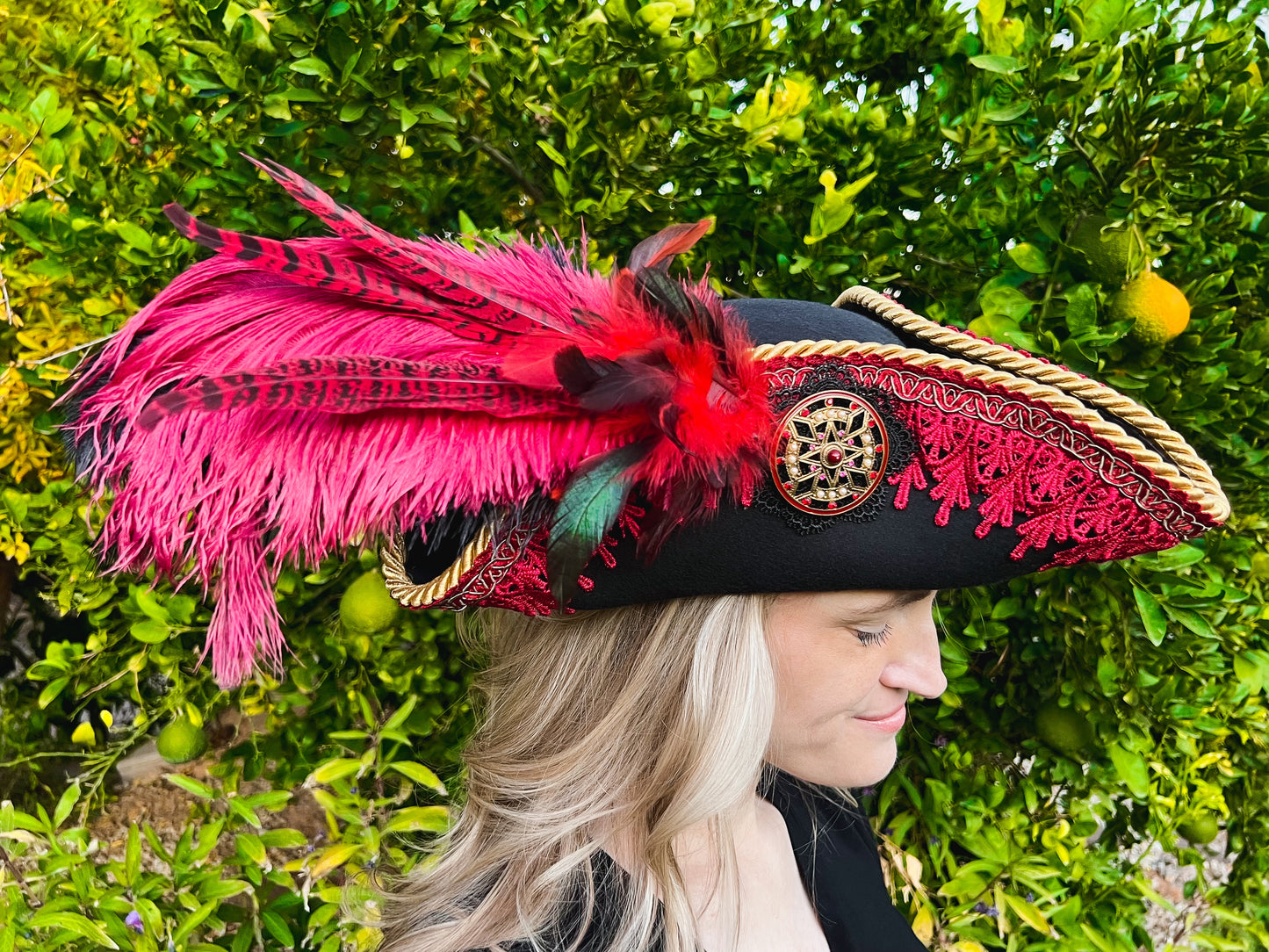 Tricorn Hat 22" Black Polyester Base with Red Trim, Feathers, and Gold Shield Brooch