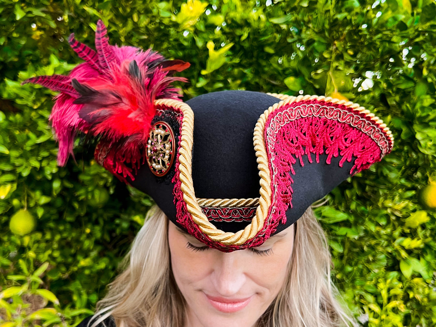 Tricorn Hat 22" Black Polyester Base with Red Trim, Feathers, and Gold Shield Brooch