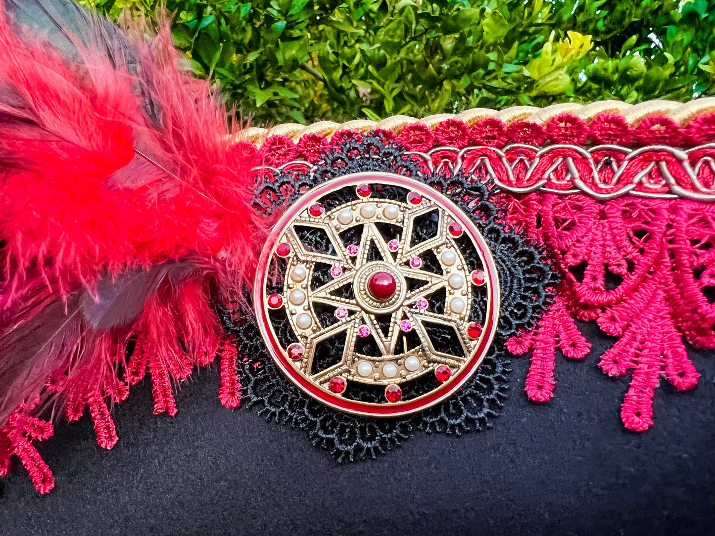 Tricorn Hat 22" Black Polyester Base with Red Trim, Feathers, and Gold Shield Brooch