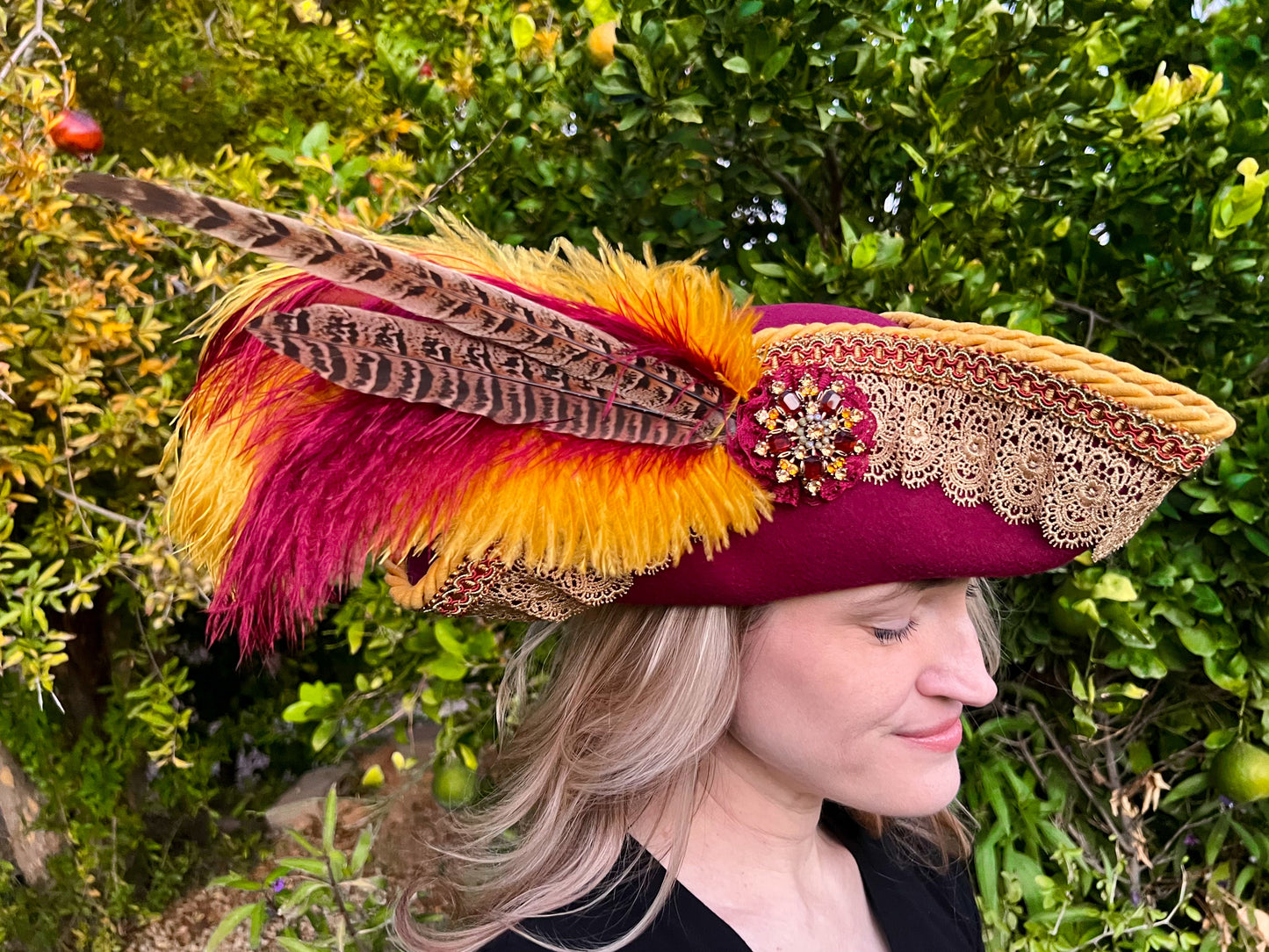 Tricorn Hat 22" Maroon Polyester Base with Mustard Trim, Feathers, and Brooch