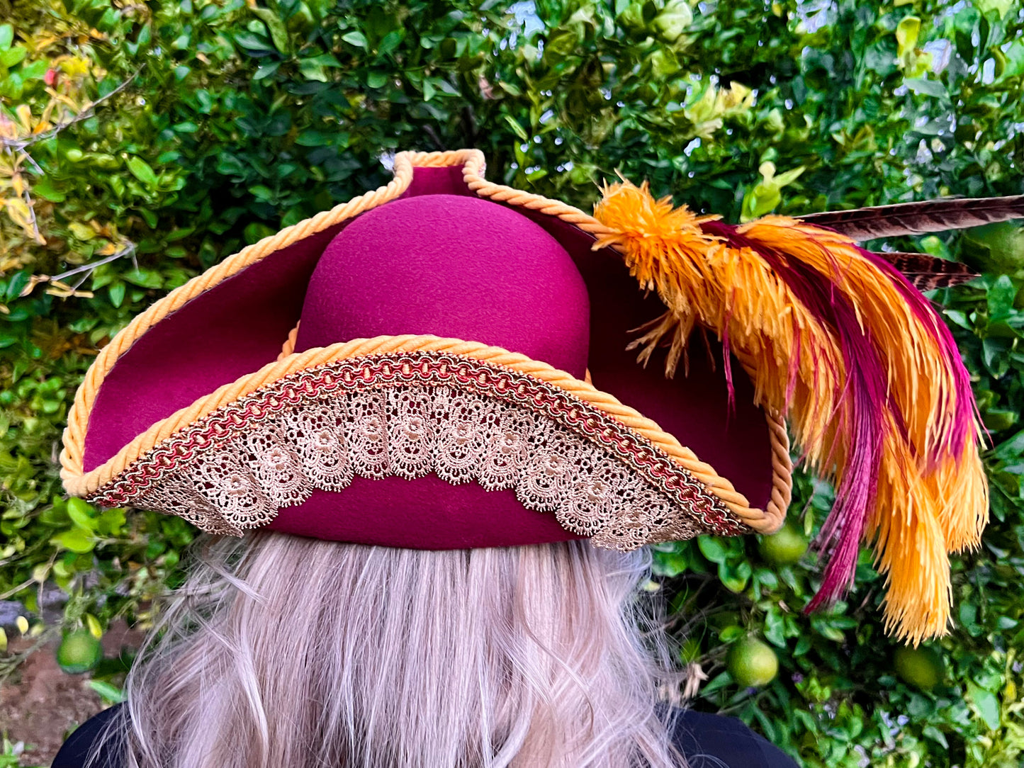 Tricorn Hat 22" Maroon Polyester Base with Mustard Trim, Feathers, and Brooch