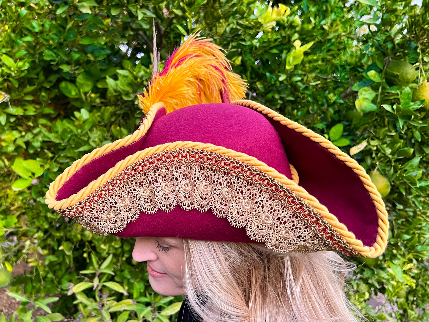 Tricorn Hat 22" Maroon Polyester Base with Mustard Trim, Feathers, and Brooch