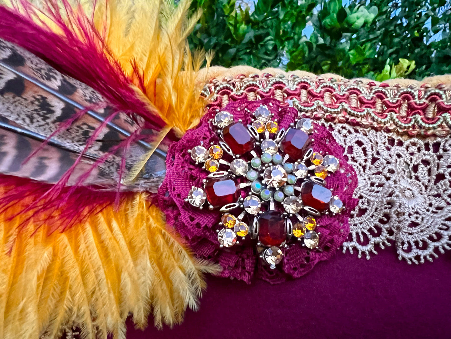 Tricorn Hat 22" Maroon Polyester Base with Mustard Trim, Feathers, and Brooch