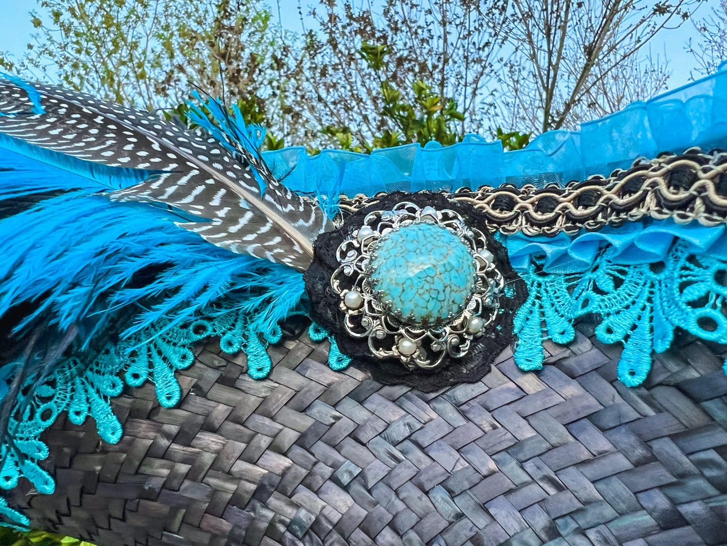 Tricorn Hat 22.5" Black Straw Base with Turquoise Trim, Feathers, and Silver Brooch