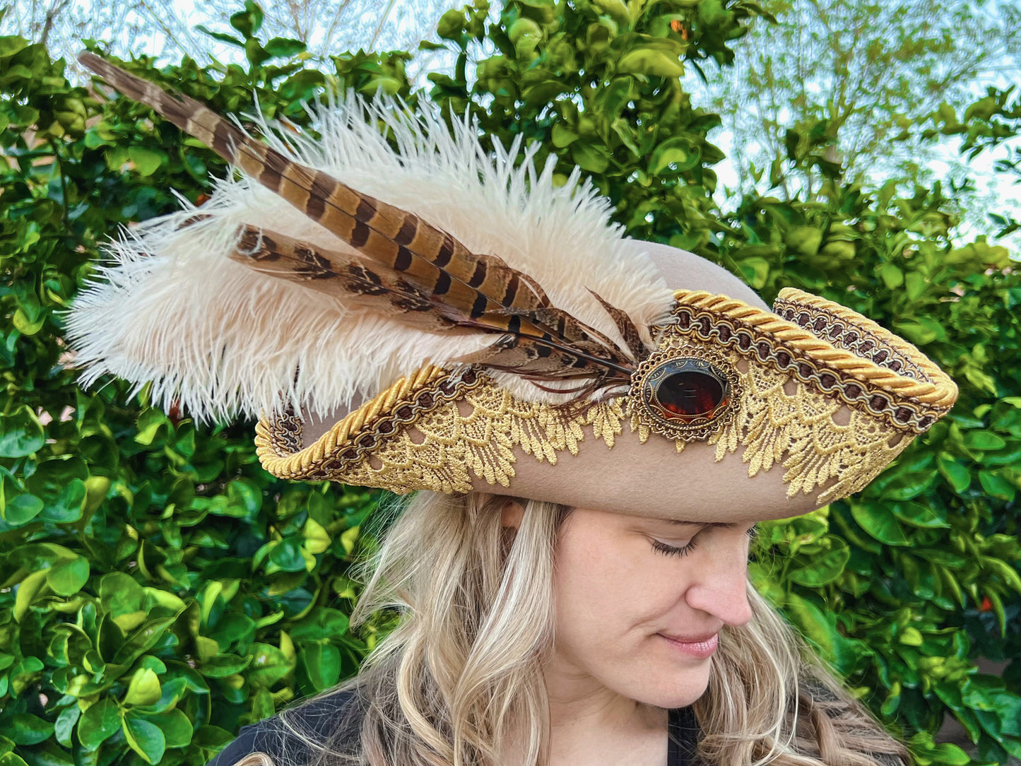 Tricorn Hat 22.5" Tan Wool Base with Brown/Gold Trim, Feathers, and Amber Brooch