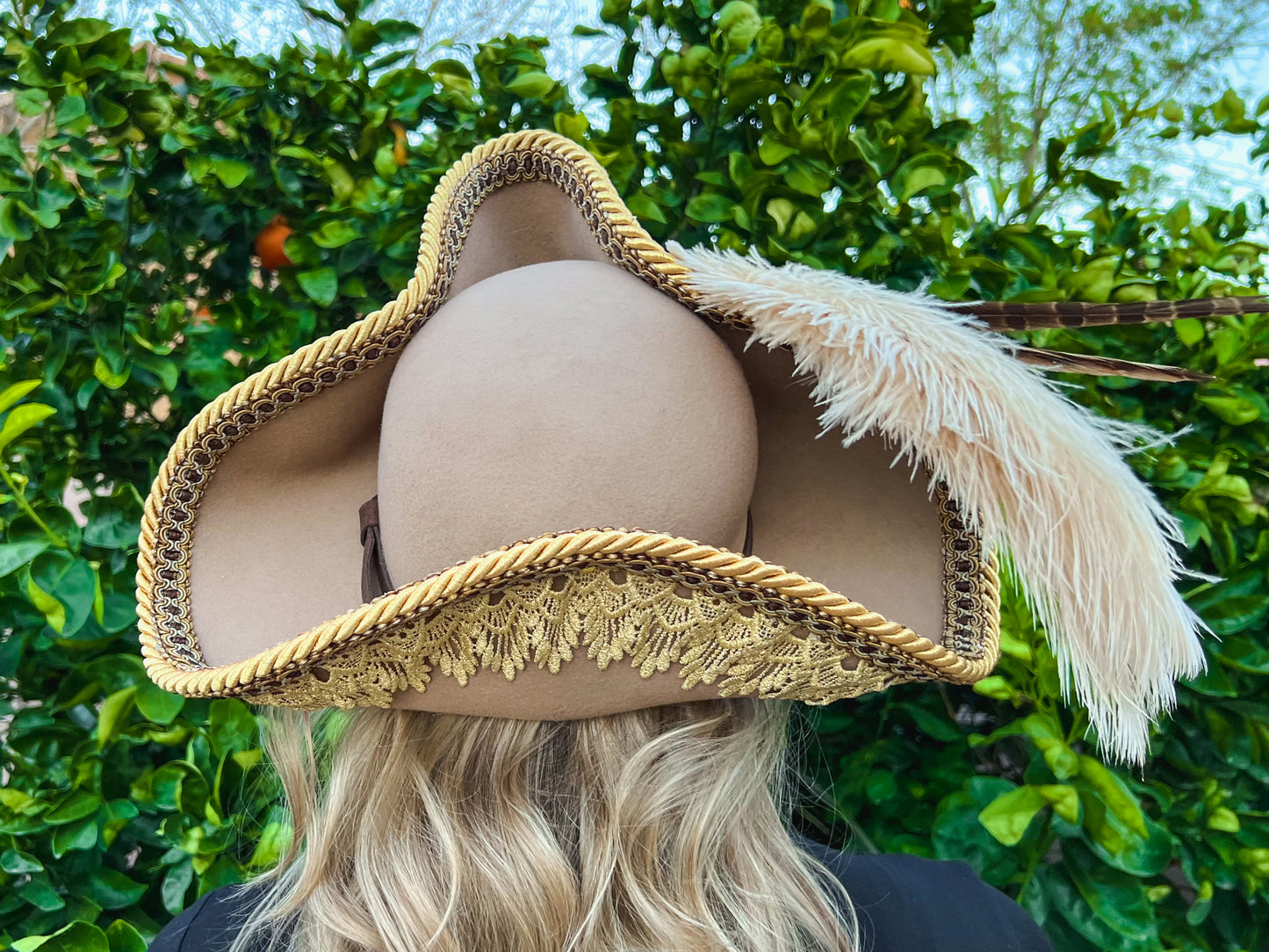 Tricorn Hat 22.5" Tan Wool Base with Brown/Gold Trim, Feathers, and Amber Brooch