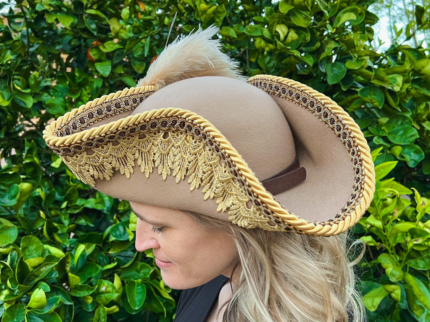 Tricorn Hat 22.5" Tan Wool Base with Brown/Gold Trim, Feathers, and Amber Brooch