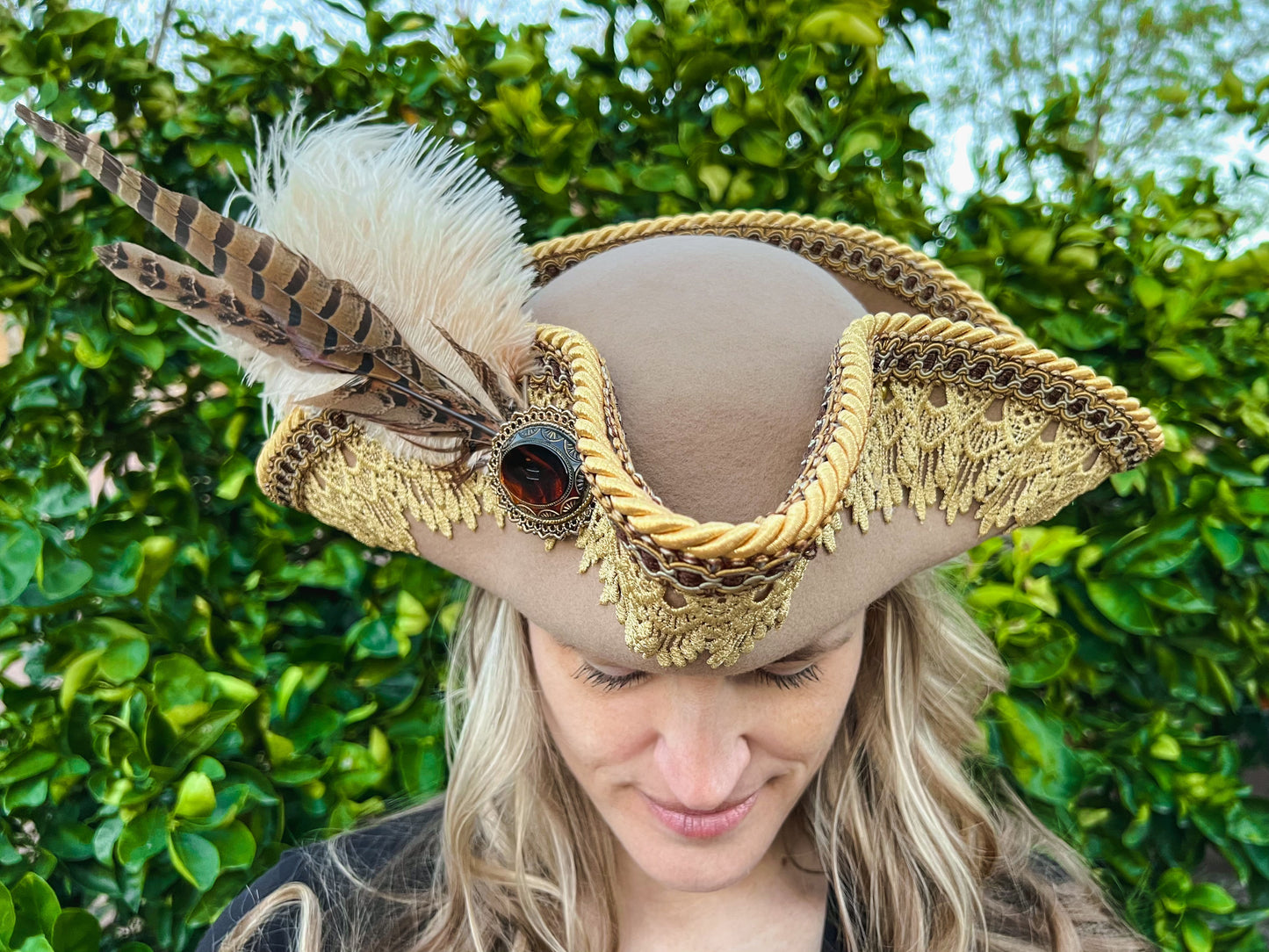 Tricorn Hat 22.5" Tan Wool Base with Brown/Gold Trim, Feathers, and Amber Brooch