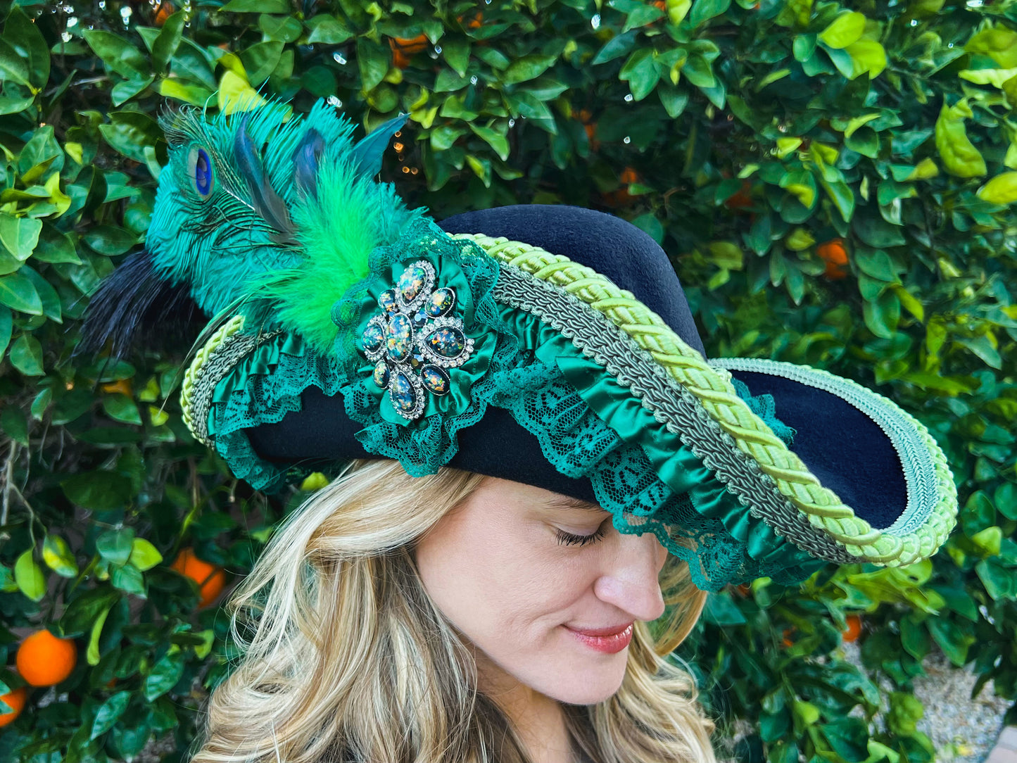 Cavalier Hat 22" Black Polyester Base with Green Trim, Feathers, and Brooch