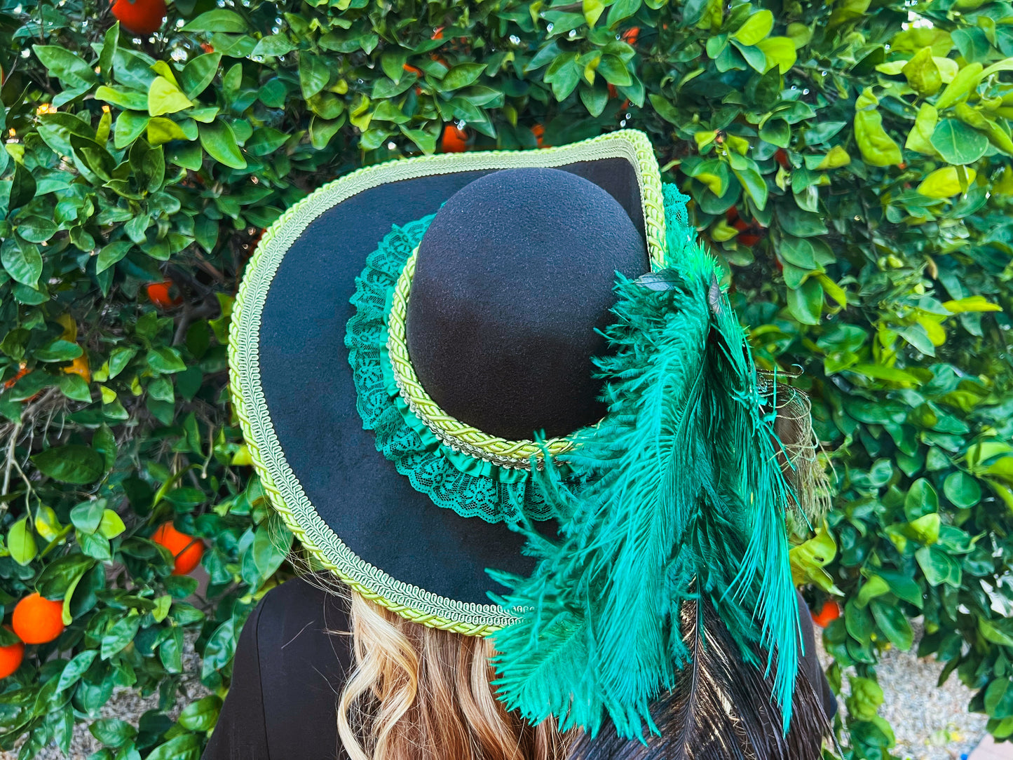 Cavalier Hat 22" Black Polyester Base with Green Trim, Feathers, and Brooch