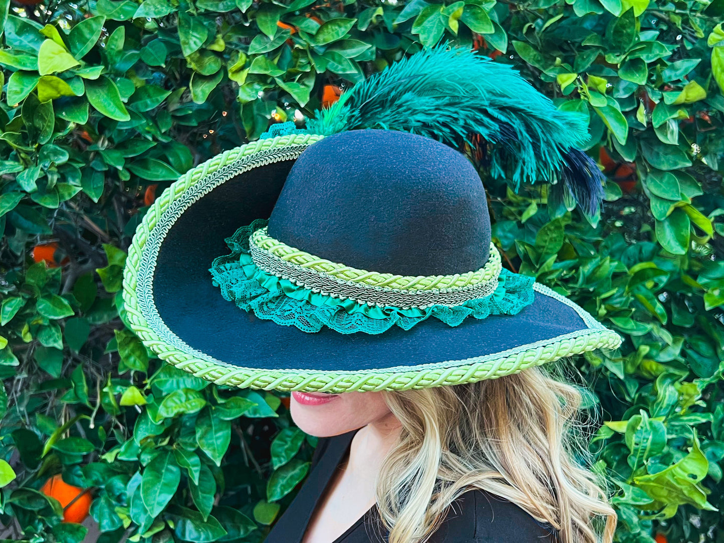 Cavalier Hat 22" Black Polyester Base with Green Trim, Feathers, and Brooch