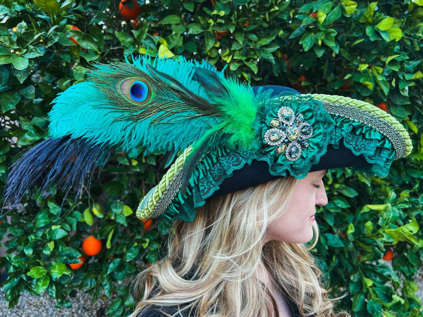 Cavalier Hat 22" Black Polyester Base with Green Trim, Feathers, and Brooch