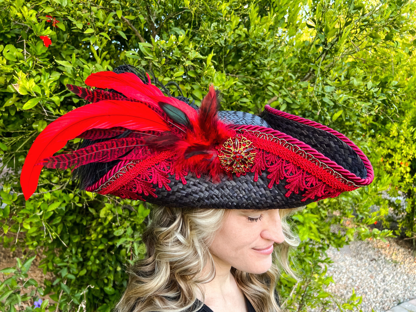 Tricorn Hat 23" Black Straw Base with Red Trim, Feathers, and Gold Rhinestone Brooch