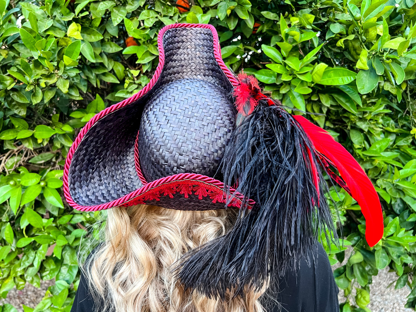 Tricorn Hat 23" Black Straw Base with Red Trim, Feathers, and Gold Rhinestone Brooch