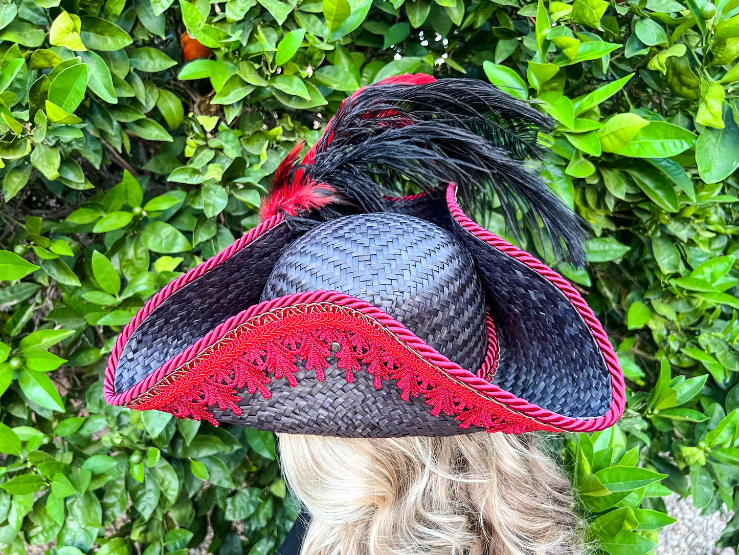 Tricorn Hat 23" Black Straw Base with Red Trim, Feathers, and Gold Rhinestone Brooch