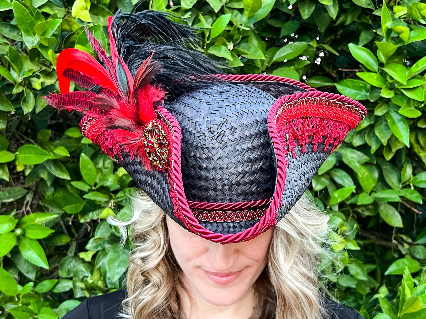 Tricorn Hat 23" Black Straw Base with Red Trim, Feathers, and Gold Rhinestone Brooch