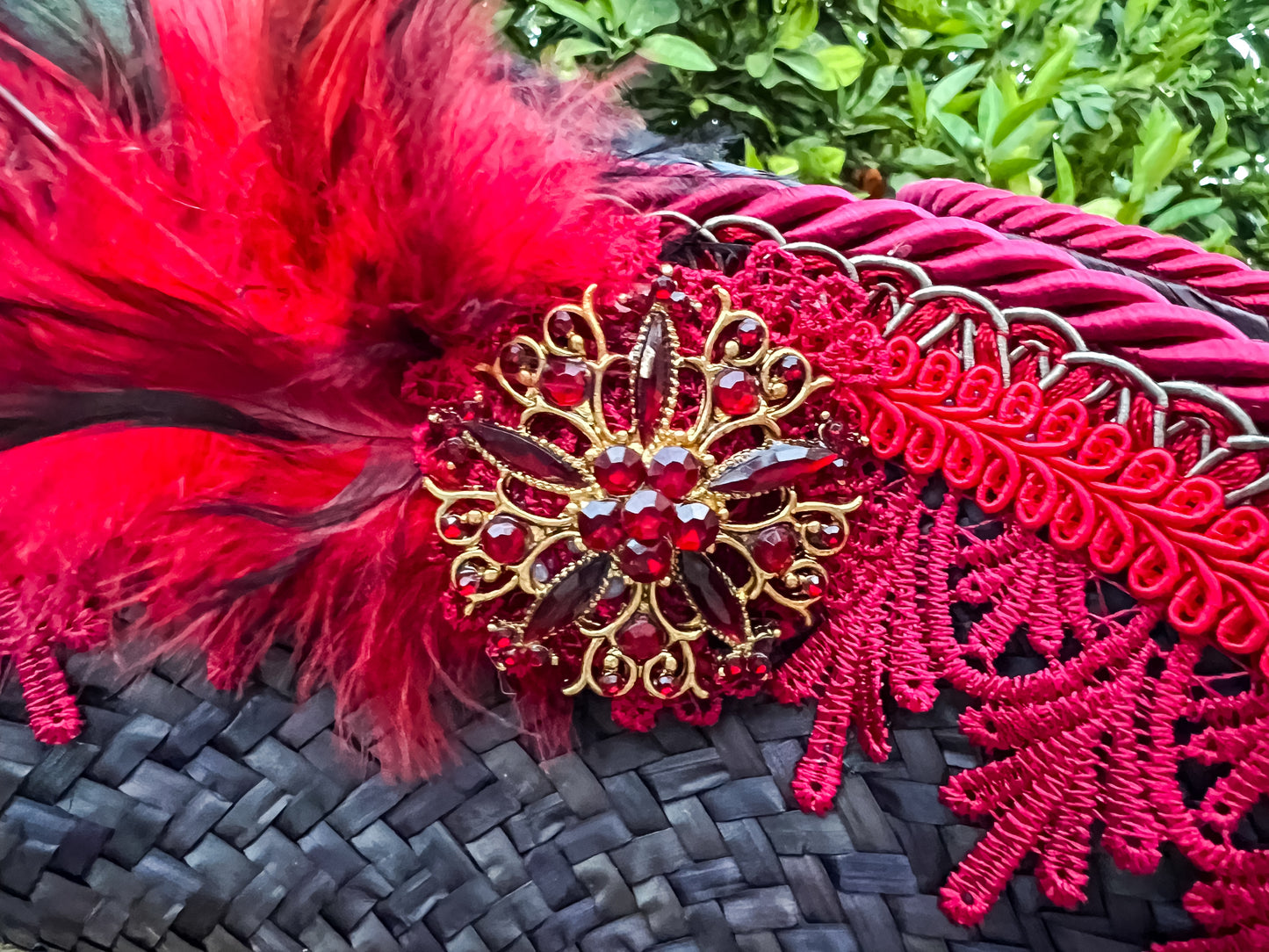 Tricorn Hat 23" Black Straw Base with Red Trim, Feathers, and Gold Rhinestone Brooch