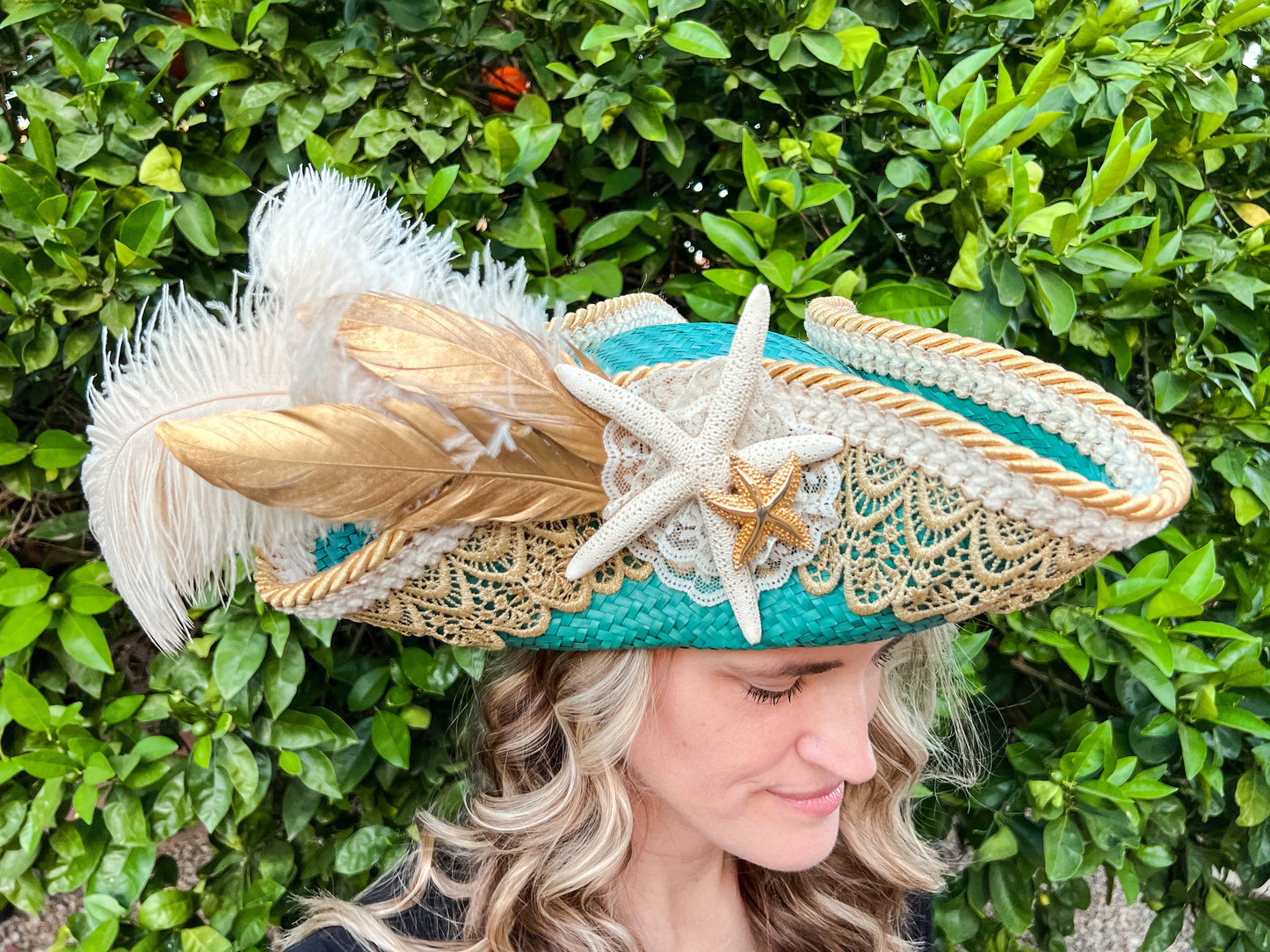 Tricorn Hat 23" Turquoise Straw Base with Gold Trim, Feathers, and Starfish Brooch