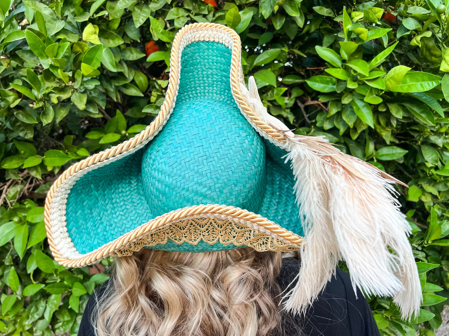 Tricorn Hat 23" Turquoise Straw Base with Gold Trim, Feathers, and Starfish Brooch