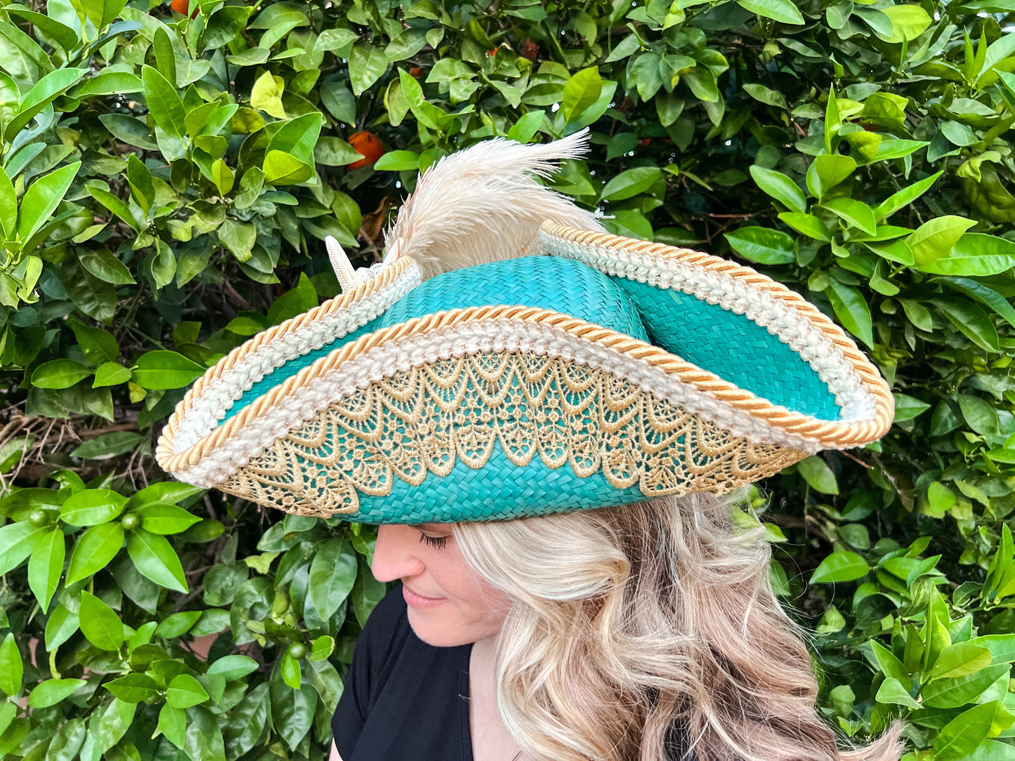 Tricorn Hat 23" Turquoise Straw Base with Gold Trim, Feathers, and Starfish Brooch