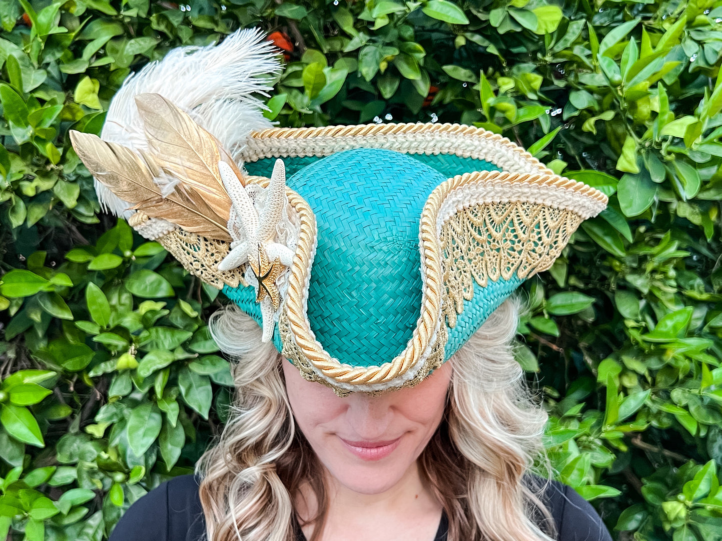 Tricorn Hat 23" Turquoise Straw Base with Gold Trim, Feathers, and Starfish Brooch