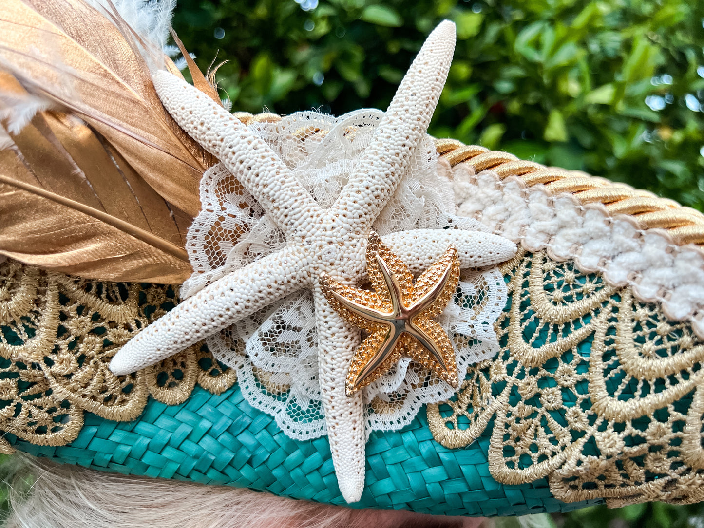 Tricorn Hat 23" Turquoise Straw Base with Gold Trim, Feathers, and Starfish Brooch