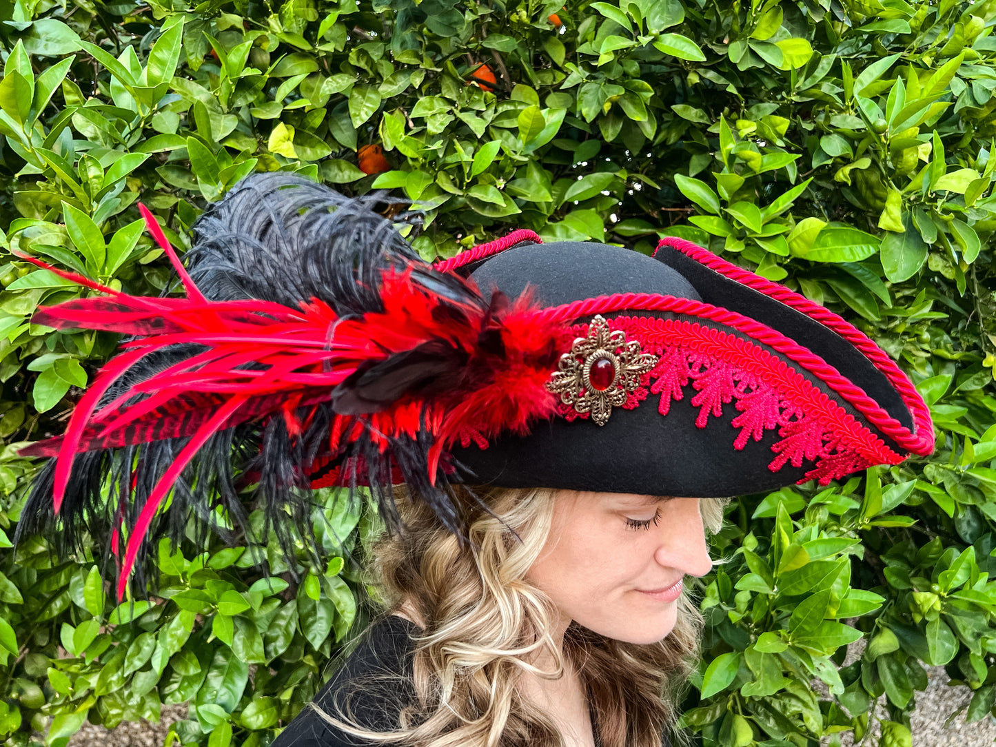 Tricorn Hat 21.25" Black Polyester Base with Red Trim, Feathers, and Vintage Brooch