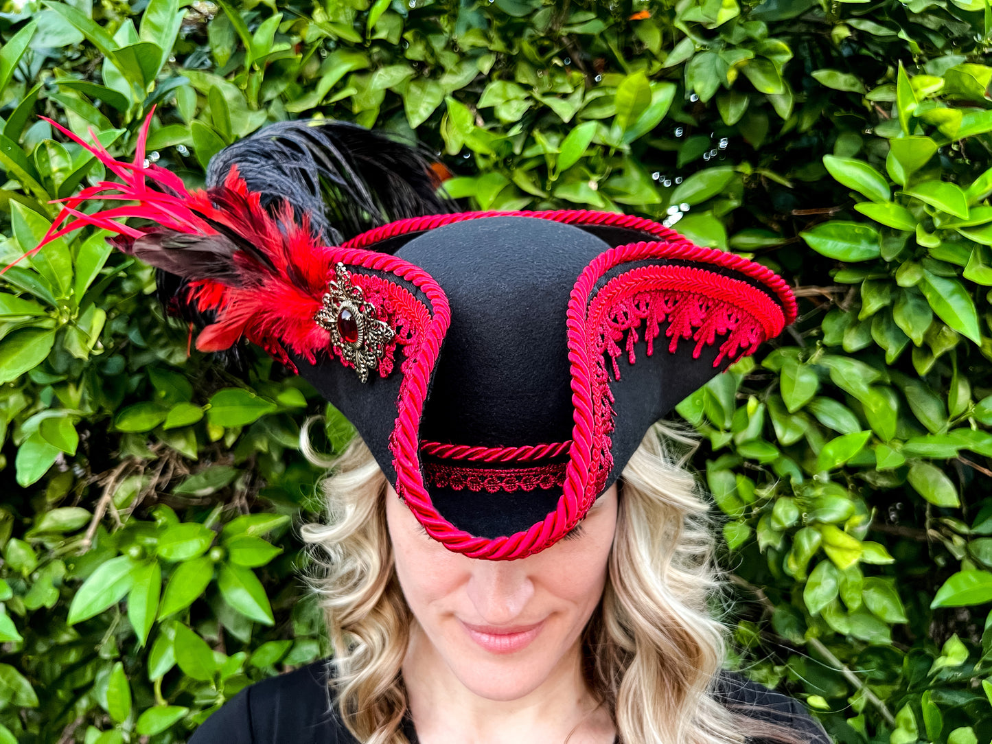 Tricorn Hat 21.25" Black Polyester Base with Red Trim, Feathers, and Vintage Brooch