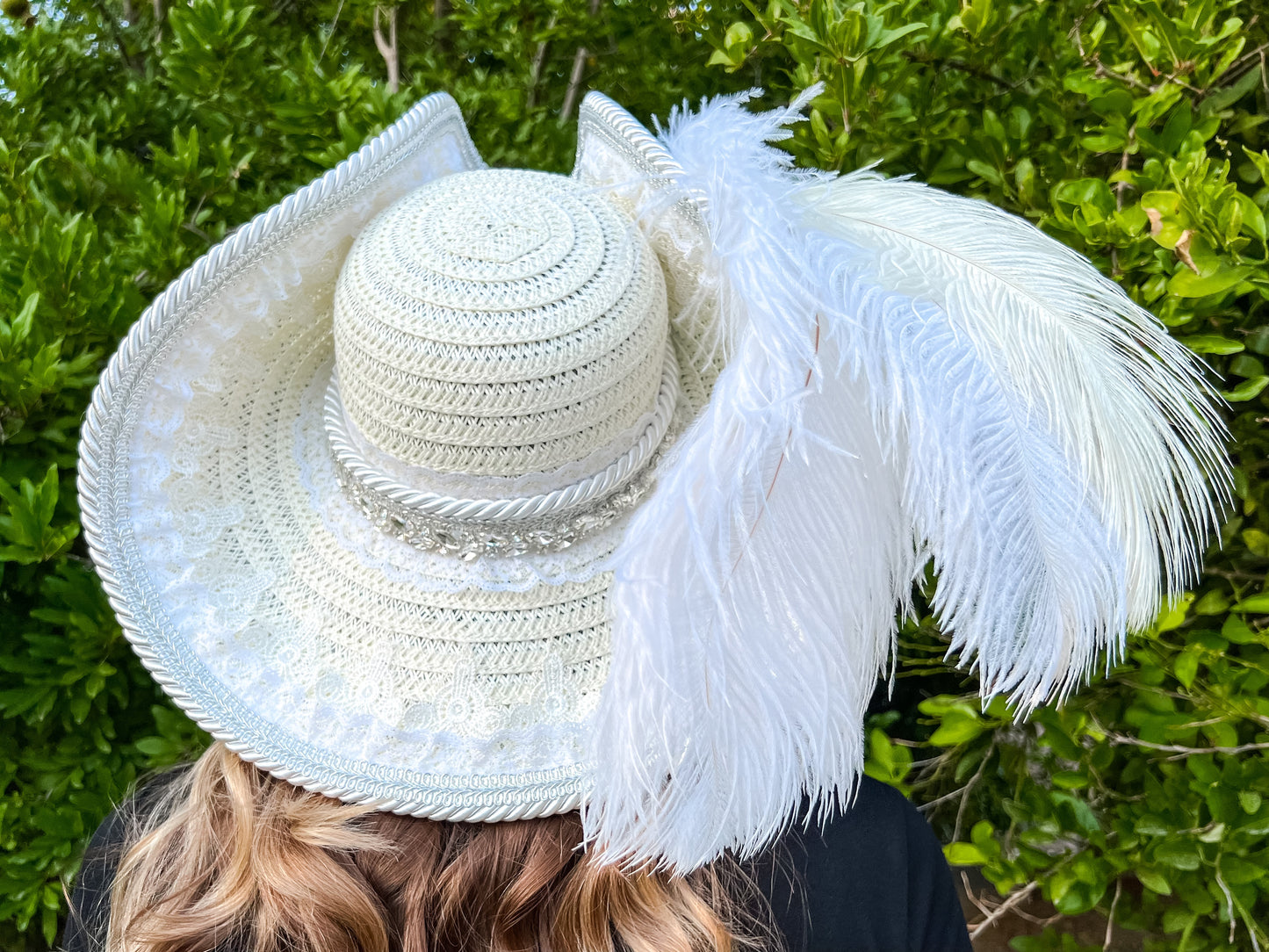 Bicorn Hat 21.75" White Straw Base with Wedding Trim, Feathers, and Brooch