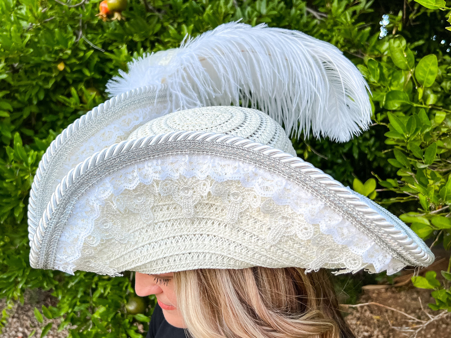 Bicorn Hat 21.75" White Straw Base with Wedding Trim, Feathers, and Brooch