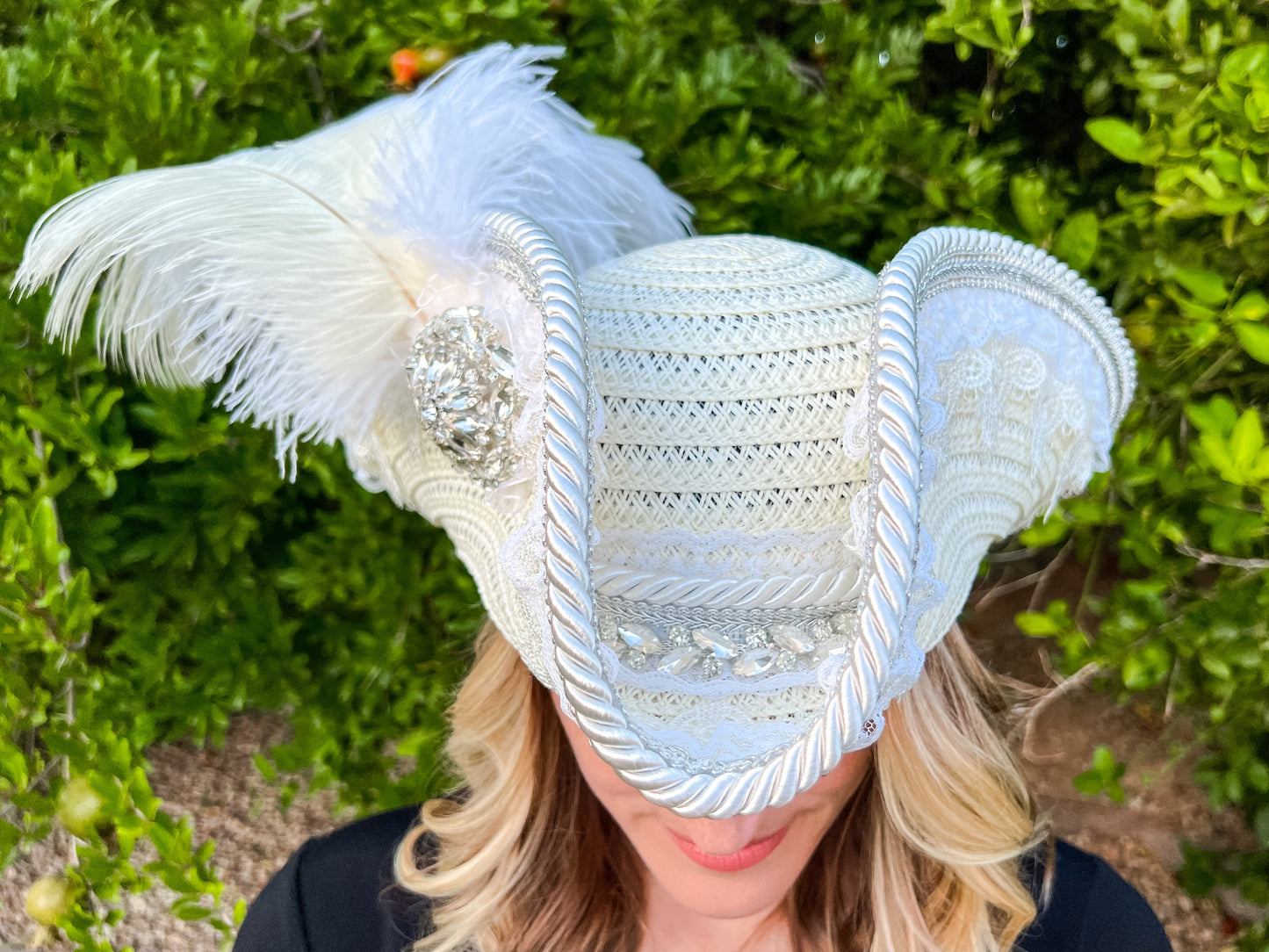 Bicorn Hat 21.75" White Straw Base with Wedding Trim, Feathers, and Brooch