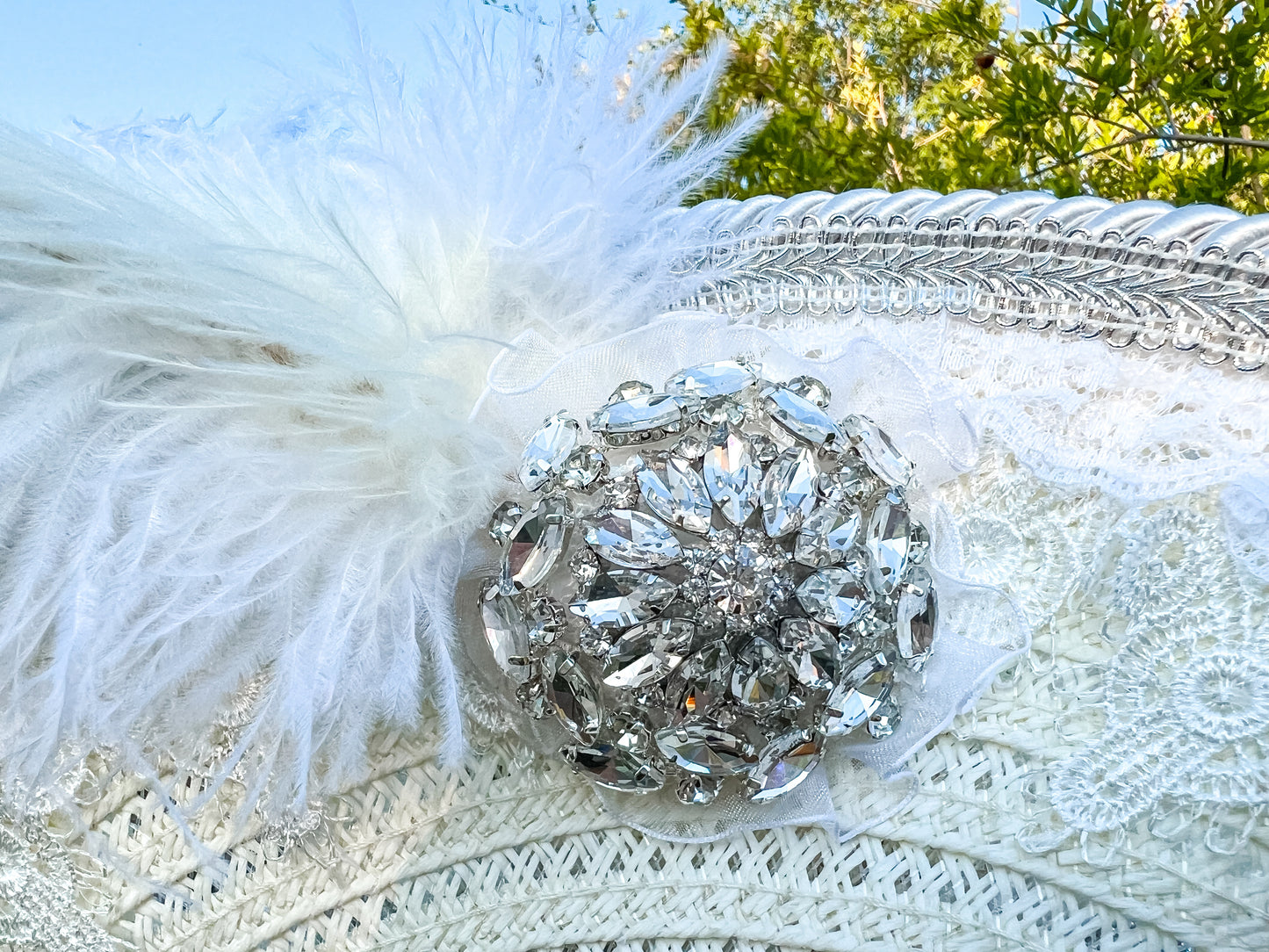 Bicorn Hat 21.75" White Straw Base with Wedding Trim, Feathers, and Brooch