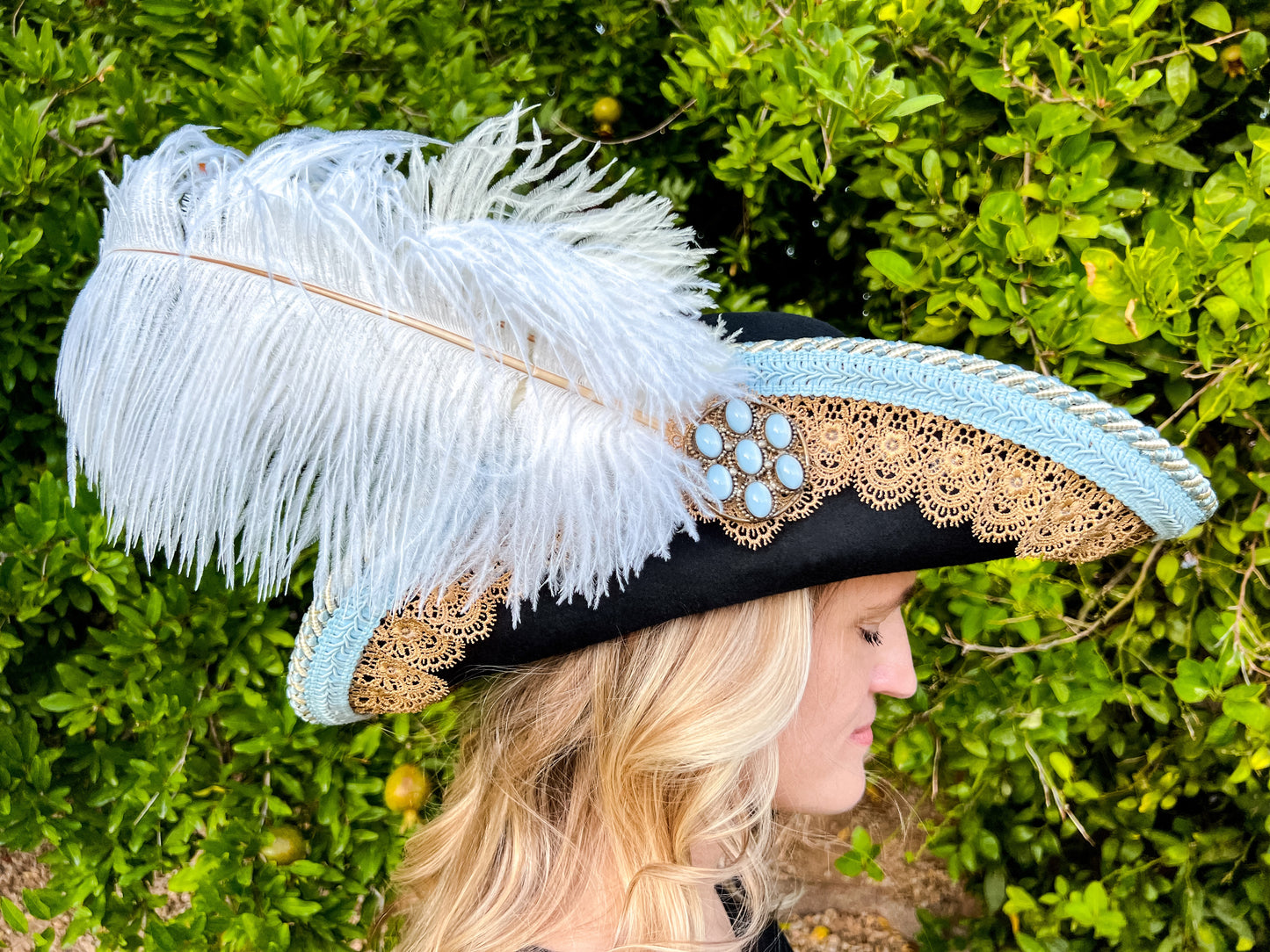 Cavalier Hat 21.75" Black Wool Base with Baby Blue Trim, Feathers, and Brooch