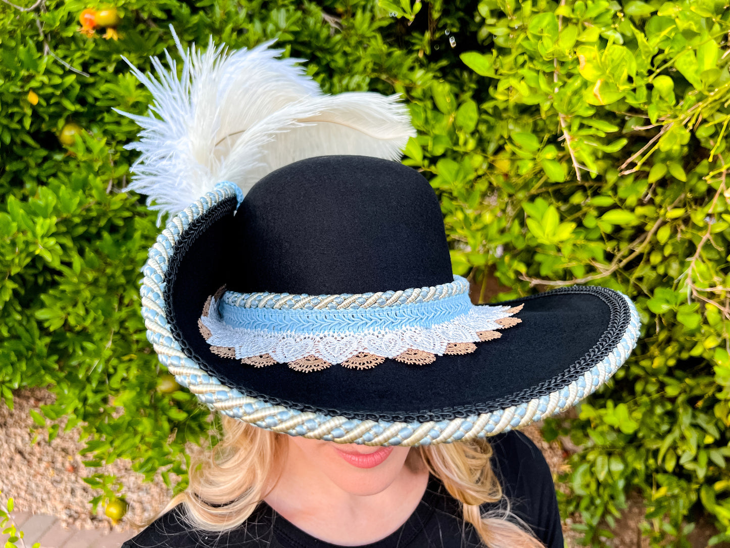 Cavalier Hat 21.75" Black Wool Base with Baby Blue Trim, Feathers, and Brooch