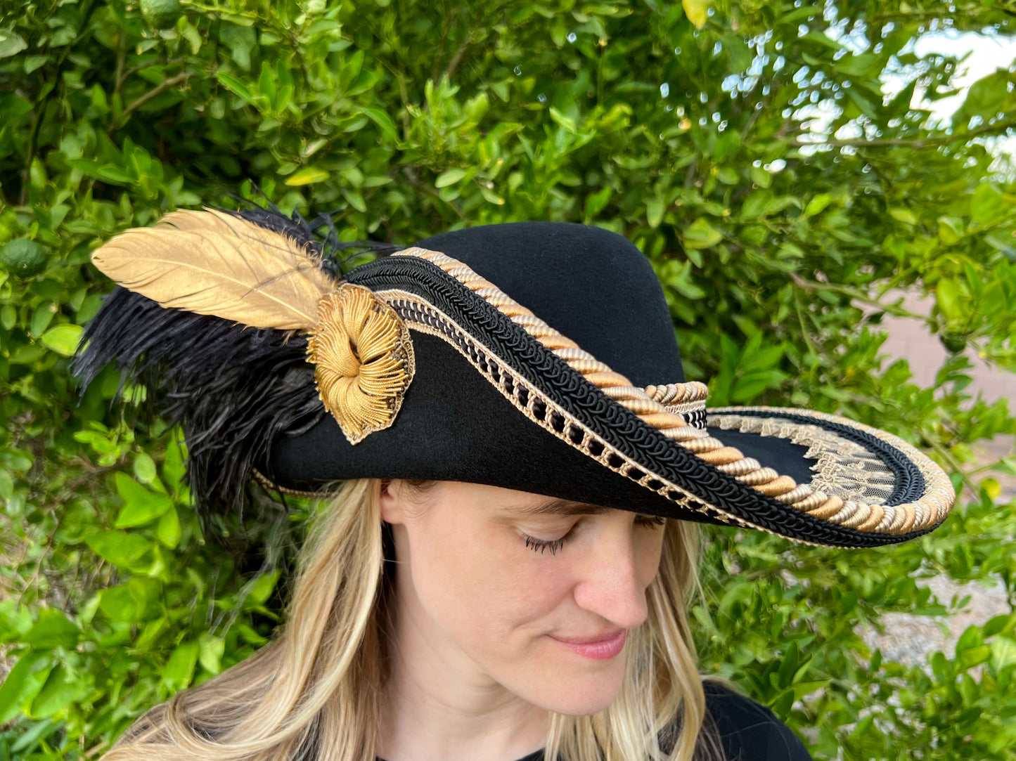 Cavalier Hat 21.75" Black Wool Base with Gold Trim, Feathers, and Gold Brooch