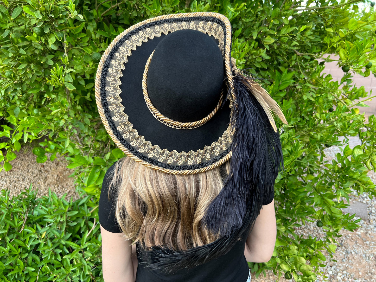 Cavalier Hat 21.75" Black Wool Base with Gold Trim, Feathers, and Gold Brooch