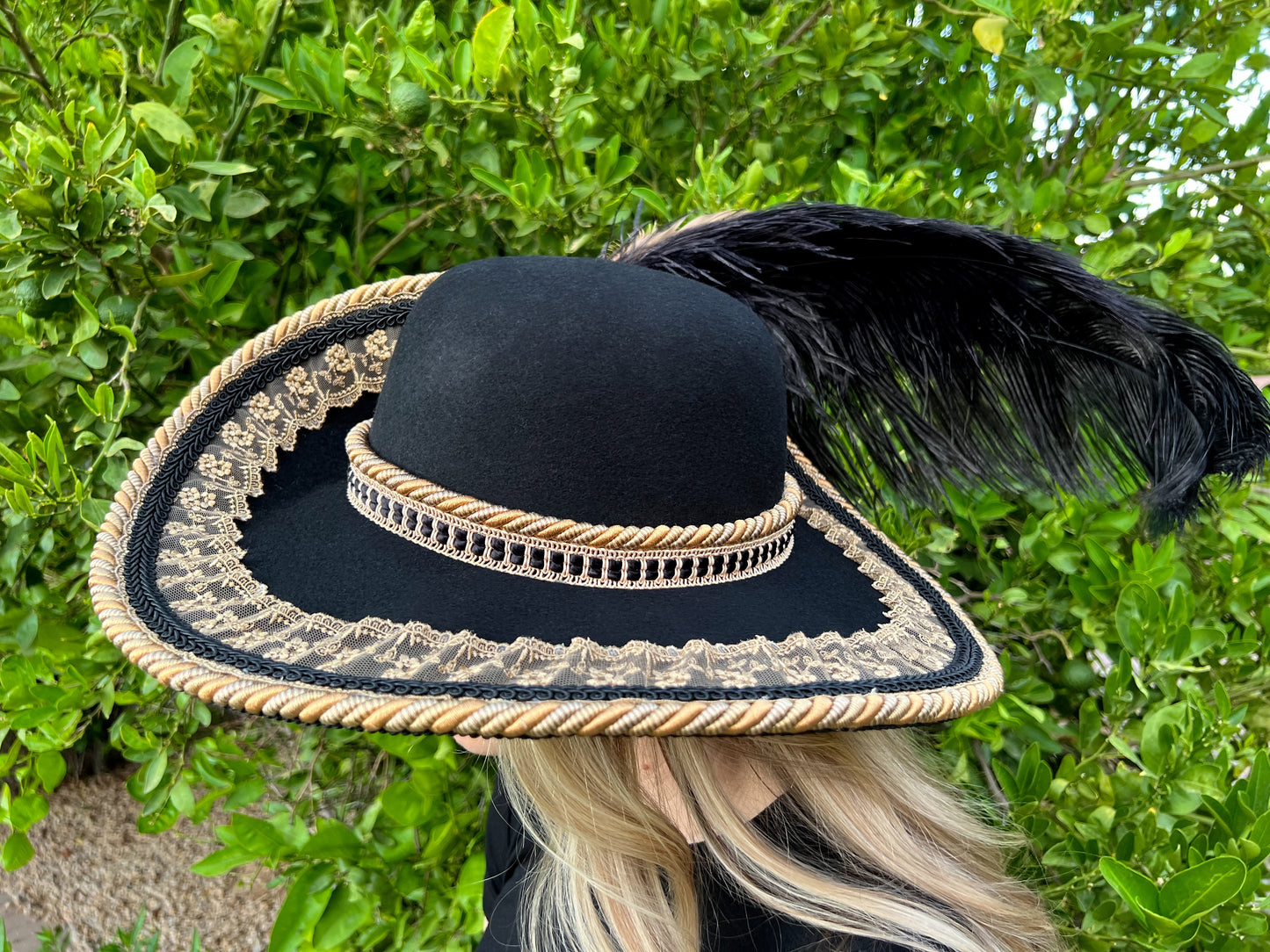 Cavalier Hat 21.75" Black Wool Base with Gold Trim, Feathers, and Gold Brooch